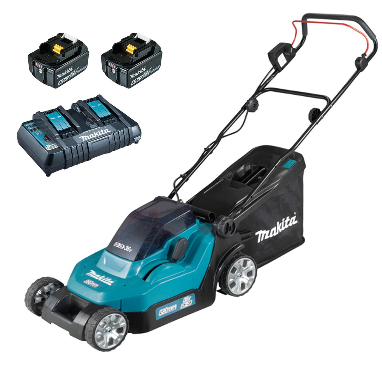 Imagine produs: Masina de tuns gazon Makita 18Vx2 DLM382, cu 2 acumulatori si statie de incarcare - Disponibil pe Plantazia.ro