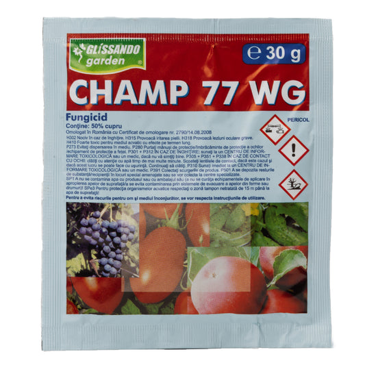 Fungicid Champ 77WG ambalaj 30g pentru combaterea manei si focului bacterian la legume si pomi fructiferi”